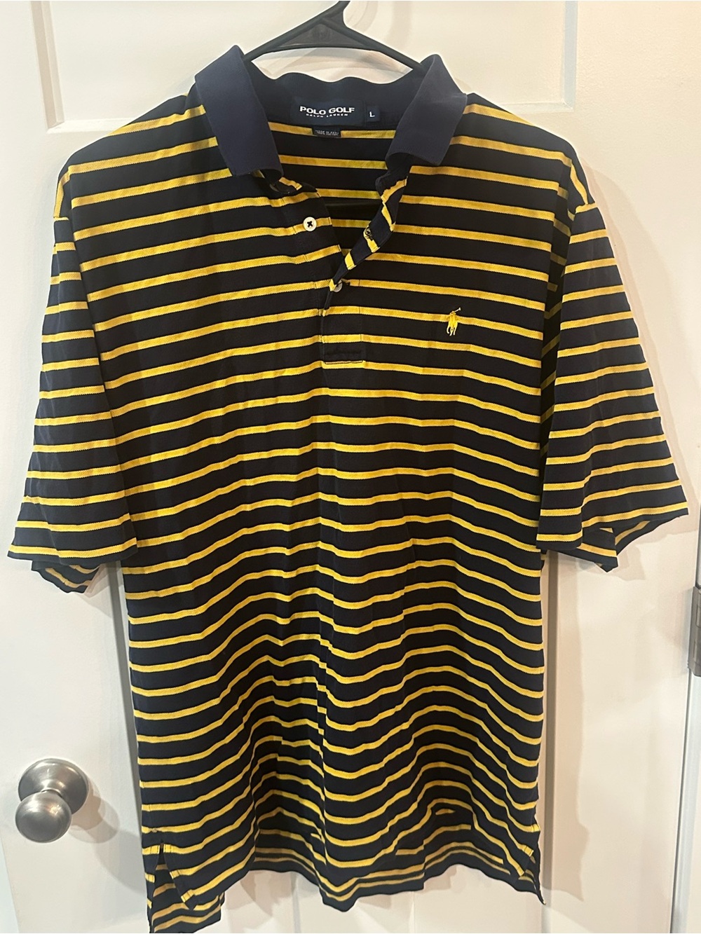 Polo Golf Ralph Lauren Mens Large Navy Blue Yellow Striped Cotton Polo Shirt